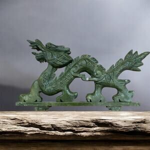Large Hand-Carved Green Nephrite Jade Dragon Sculpture – 13.5” – 4.8 lbs